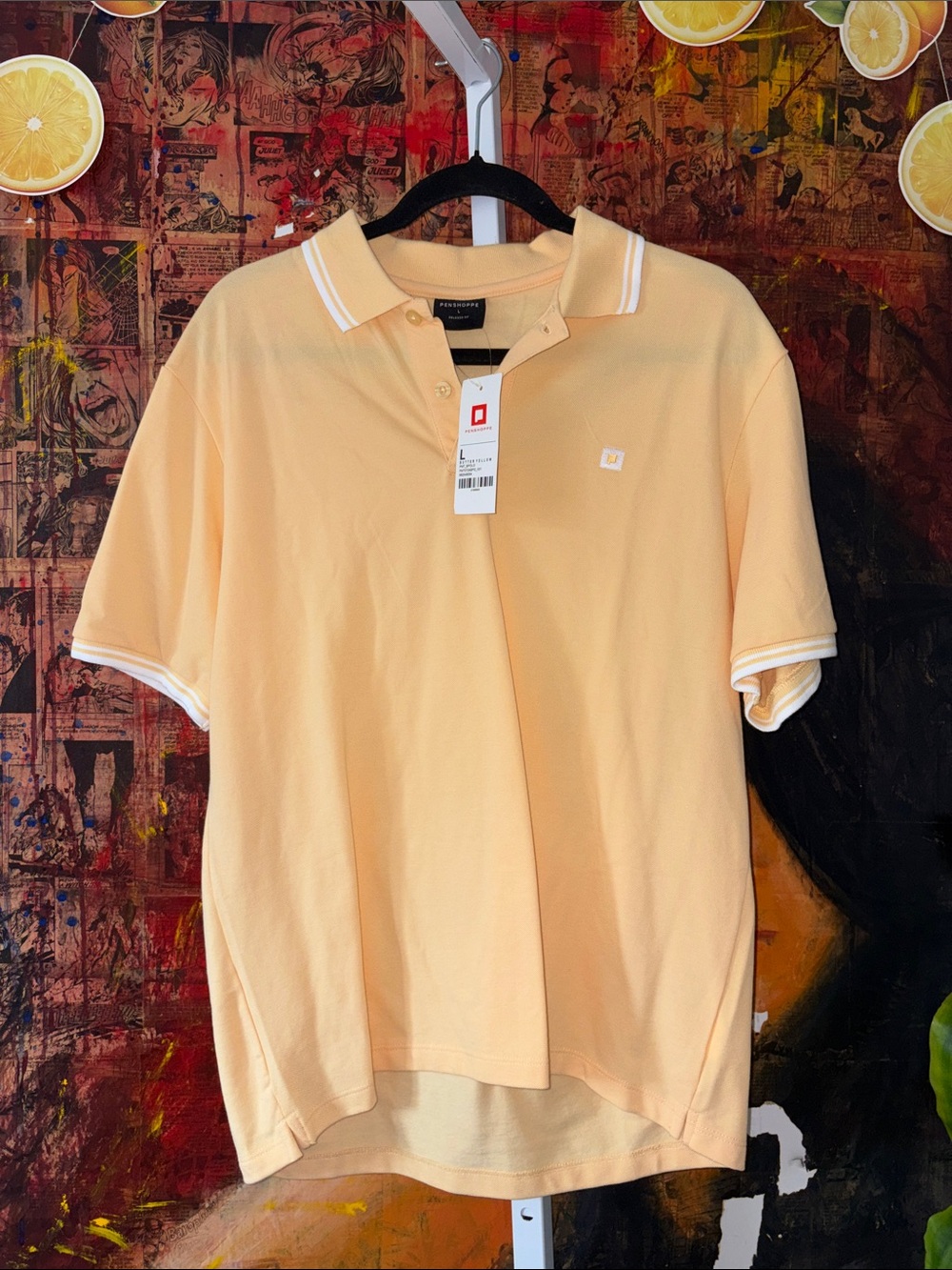 NWT Penshoppe Size L Men's Polo Shirt - Pale Peach with White Trim